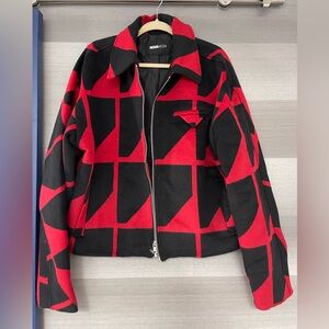 Fashion Nova Men Cropped Jacquard Jacket, Red and Black Size Large